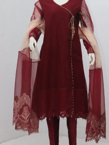 Pure Tissue Fabric Embroidery Angrakha Design 3 Piece Suit