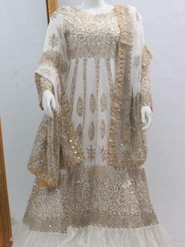 Pure Tissue Fabric Block Print & Mirror Design 3 Piece Frock